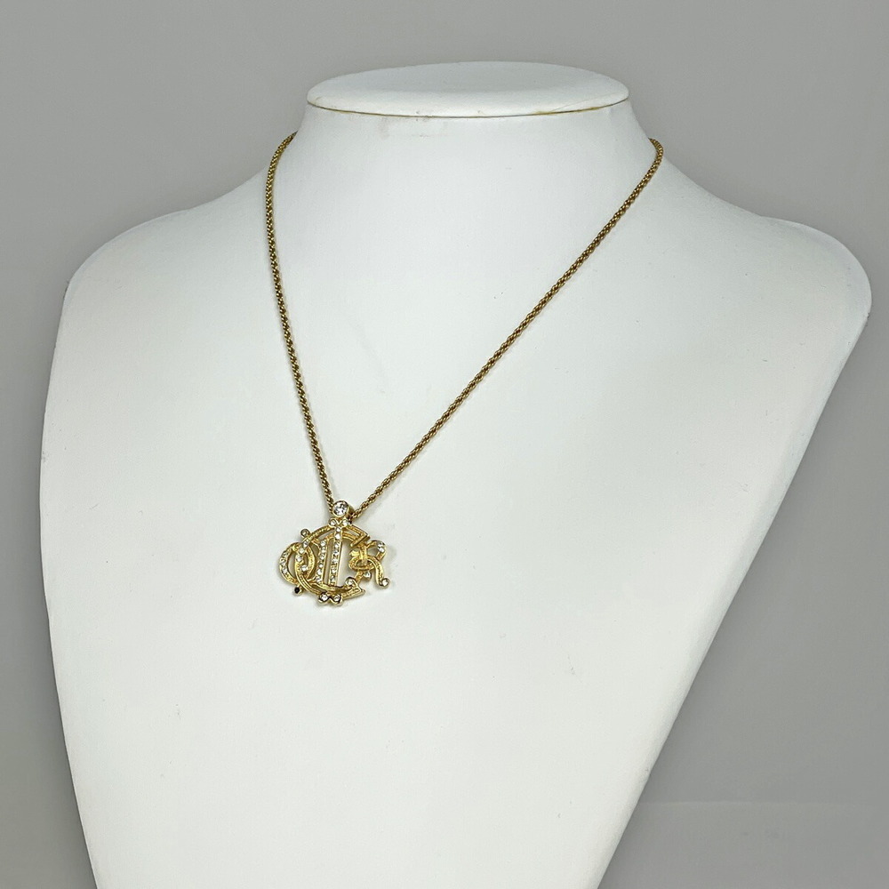 Christian Dior Logo Rhinestone Necklace CD GP Gold - Picture 5 of 5